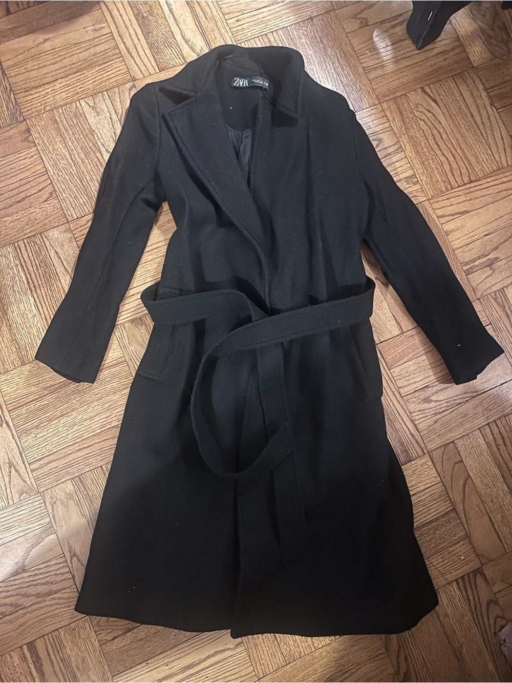 Zara Black Long Sleeve Wrap Belted Dress Coat